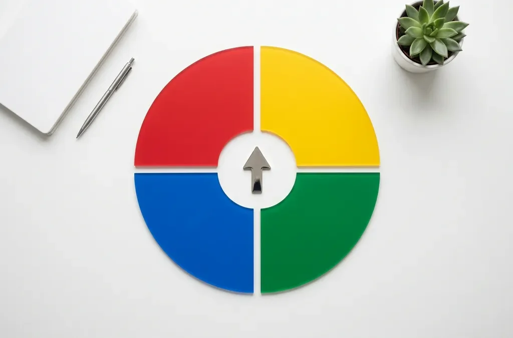 Vier geometrische kwadranten in rood, geel, groen en blauw als cirkel met centrale pijl omhoog, symboliseert groei en voortgang.