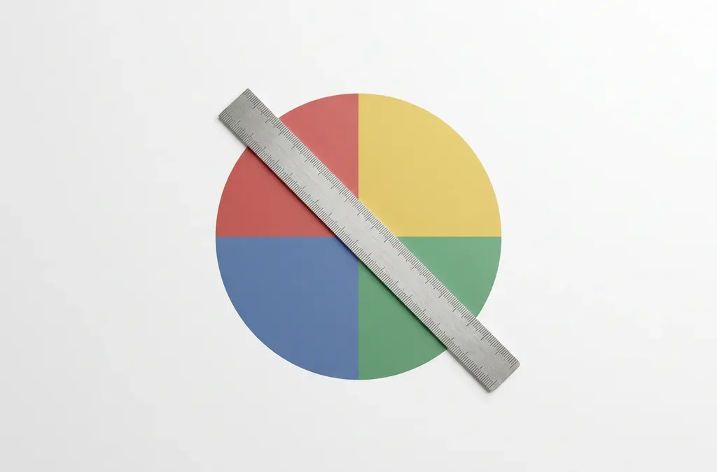 Kleurrijke cirkel verdeeld in rode, gele, groene en blauwe kwadranten met een liniaal diagonaal eroverheen op witte achtergrond.