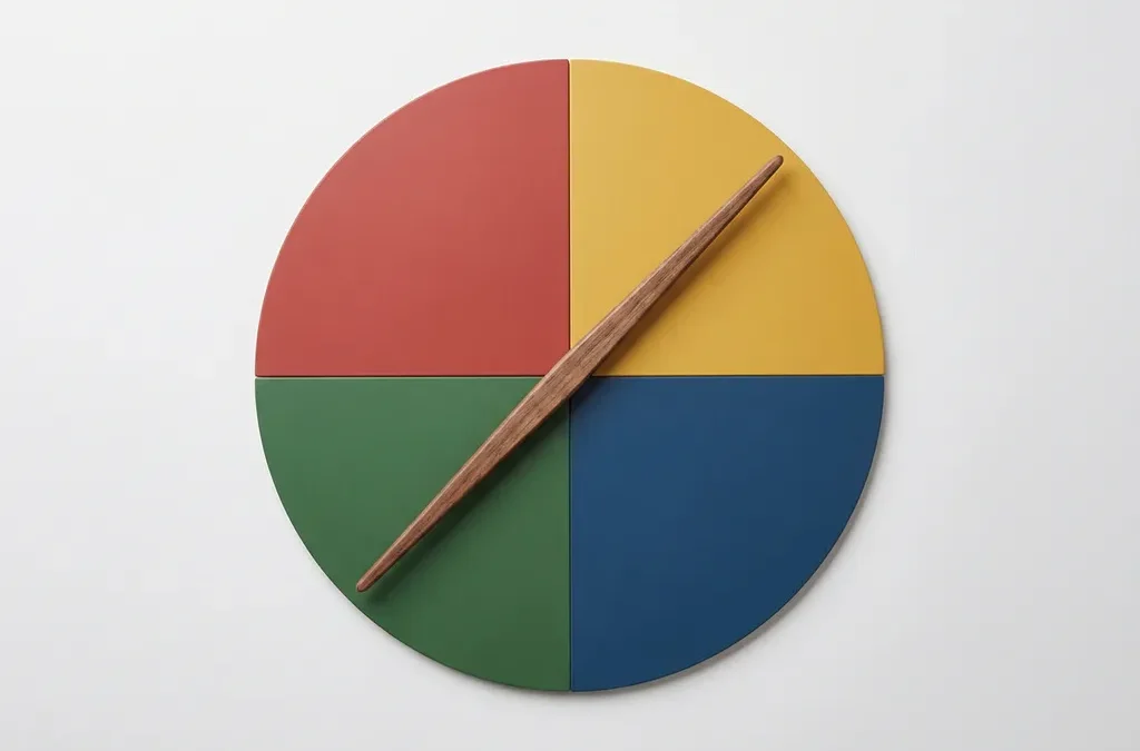 Houten aanwijzer op een cirkel verdeeld in vier gekleurde kwarten: rood, geel, groen en blauw, bovenaanzicht.