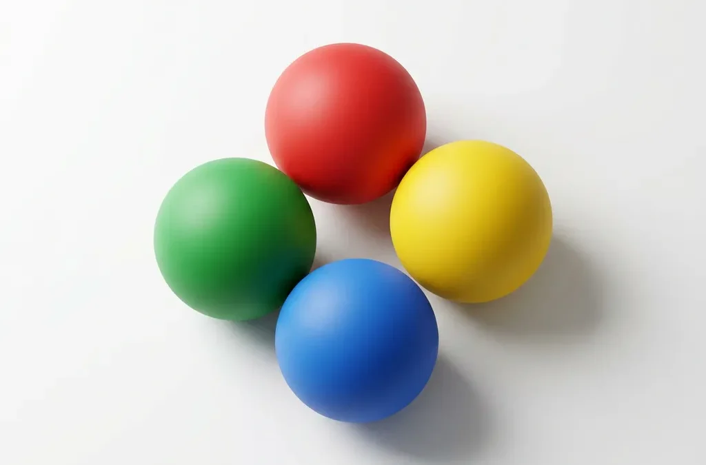 Vier gekleurde cirkels in rood, geel, groen en blauw in diamantvorm, licht overlappend op witte achtergrond.