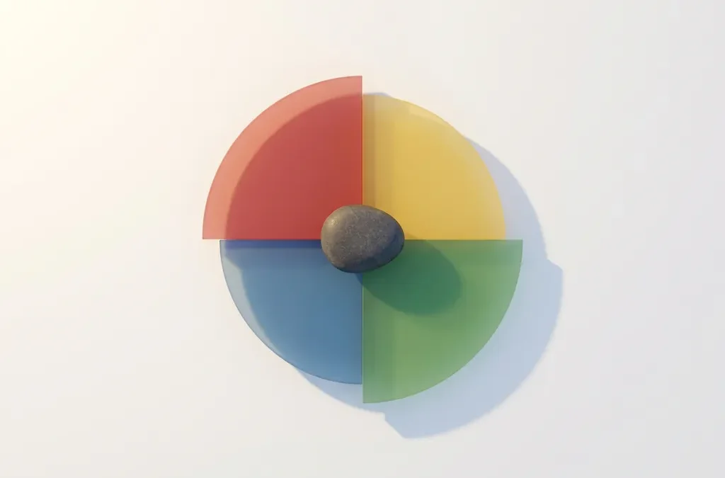 Vier geometrische kwarten in rood, geel, groen en blauw vormen een cirkel met een gladde steen in het middelpunt, bovenaanzicht.
