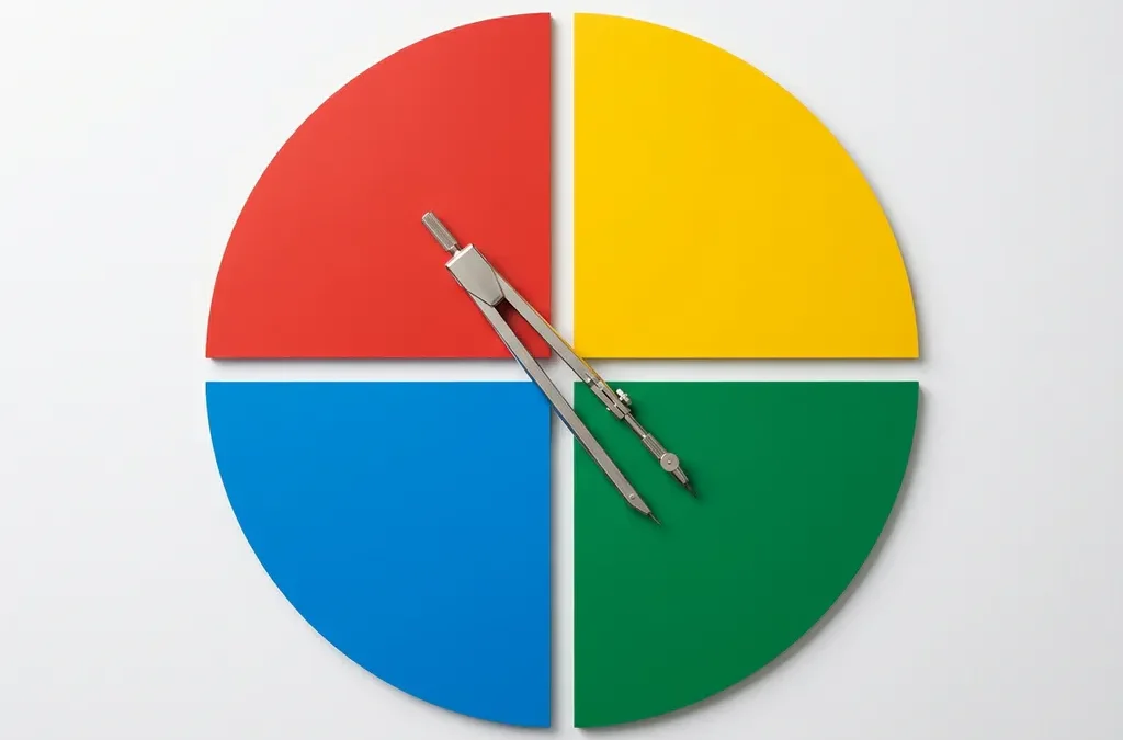 Vier geometrische kwadranten in rood, geel, groen en blauw in een cirkel met een kompas diagonaal over het middelpunt.