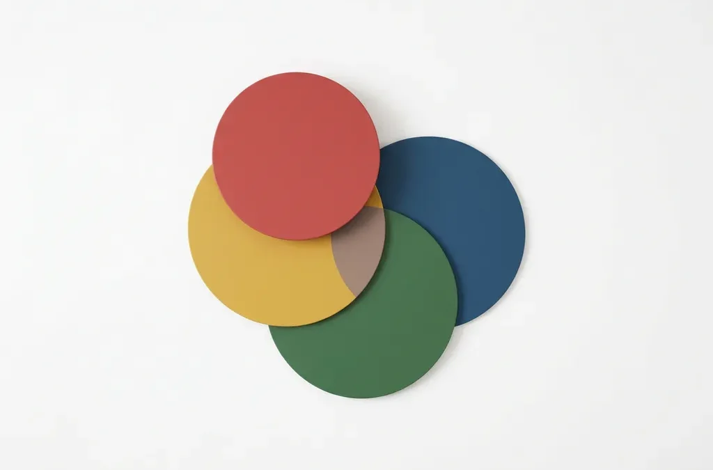 Vier overlappende geometrische cirkels in rood, geel, groen en blauw op witte achtergrond, minimalistisch bovenaanzicht.