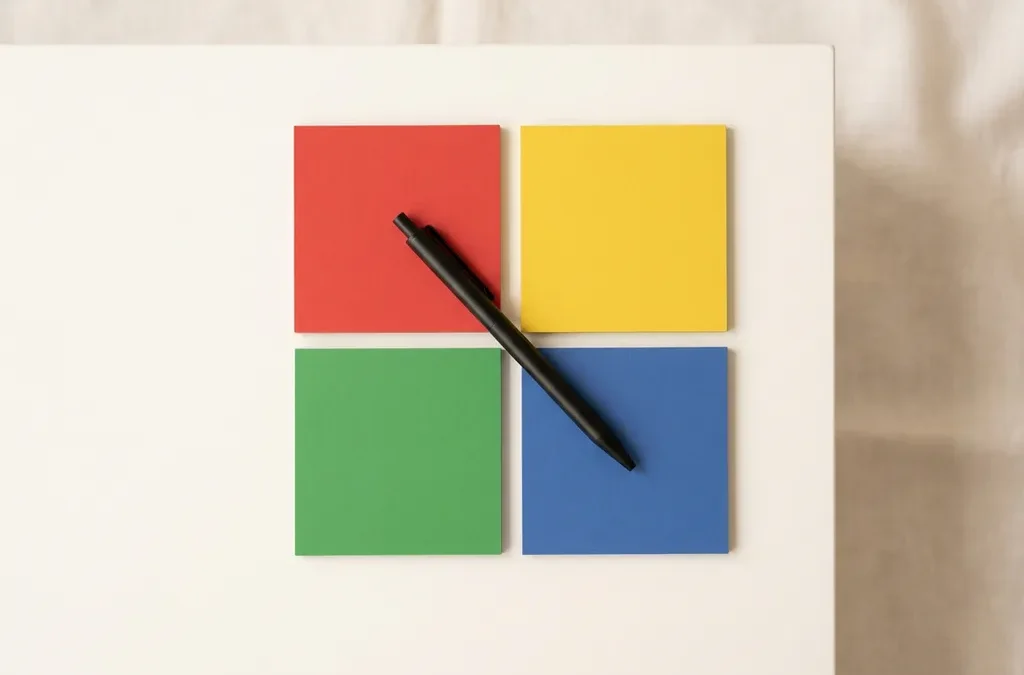 Vier geometrische kaarten in rood, geel, groen en blauw in kwadrantpatroon met een pen er diagonaal overheen, bovenaanzicht.