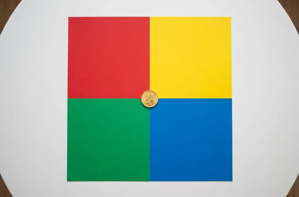 Vier minimalistisch gekleurde kwadranten in rood, geel, groen en blauw met een gouden munt op het middelpunt, symbool voor investering.
