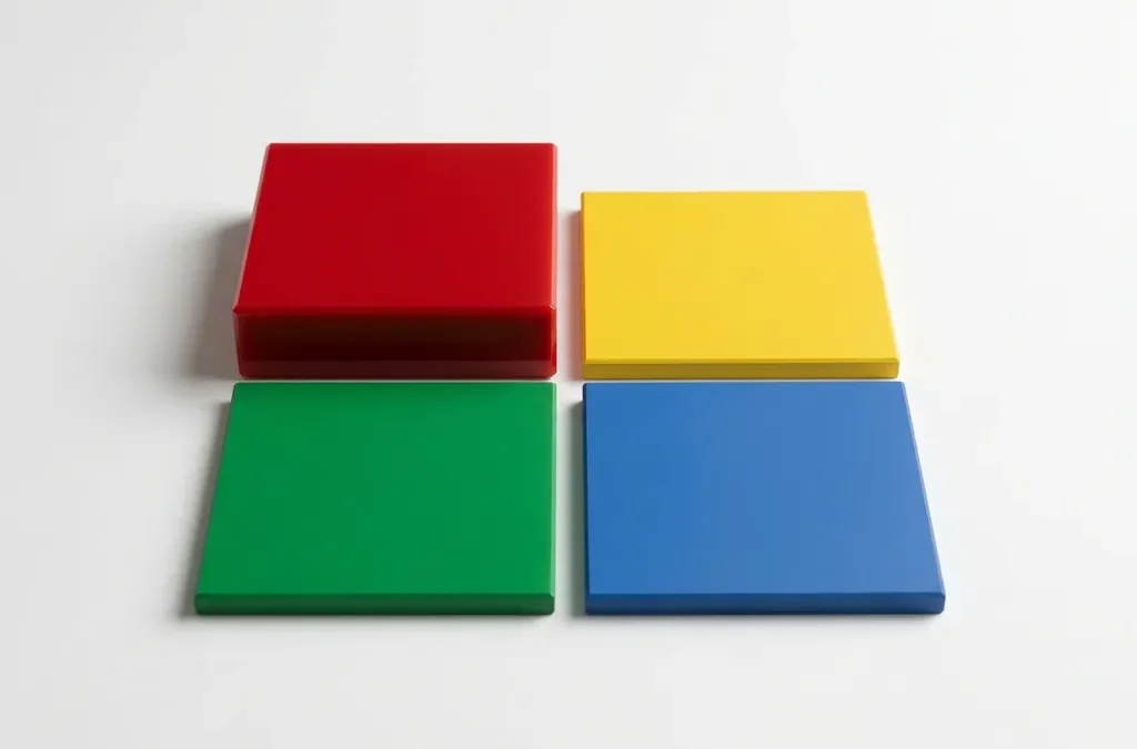 Vier geometrische kwadranten in rood, geel, groen en blauw, waarbij één kwadrant scherper en verfijnder oogt dan de andere drie.