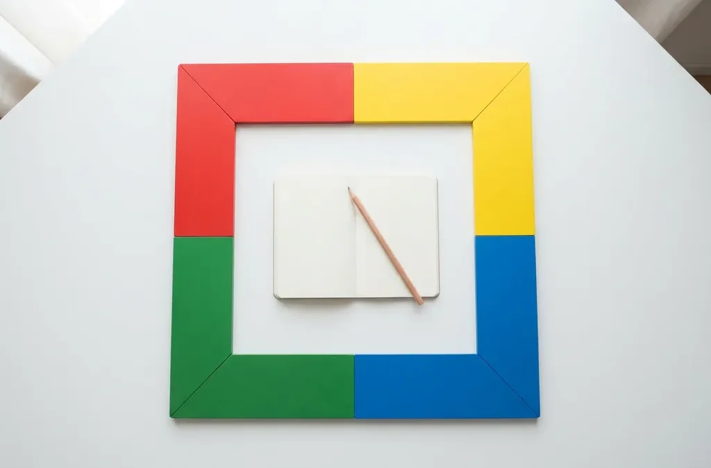 Open notitieboek met potlood op een geometrisch vlak verdeeld in rode, gele, groene en blauwe kwadranten.