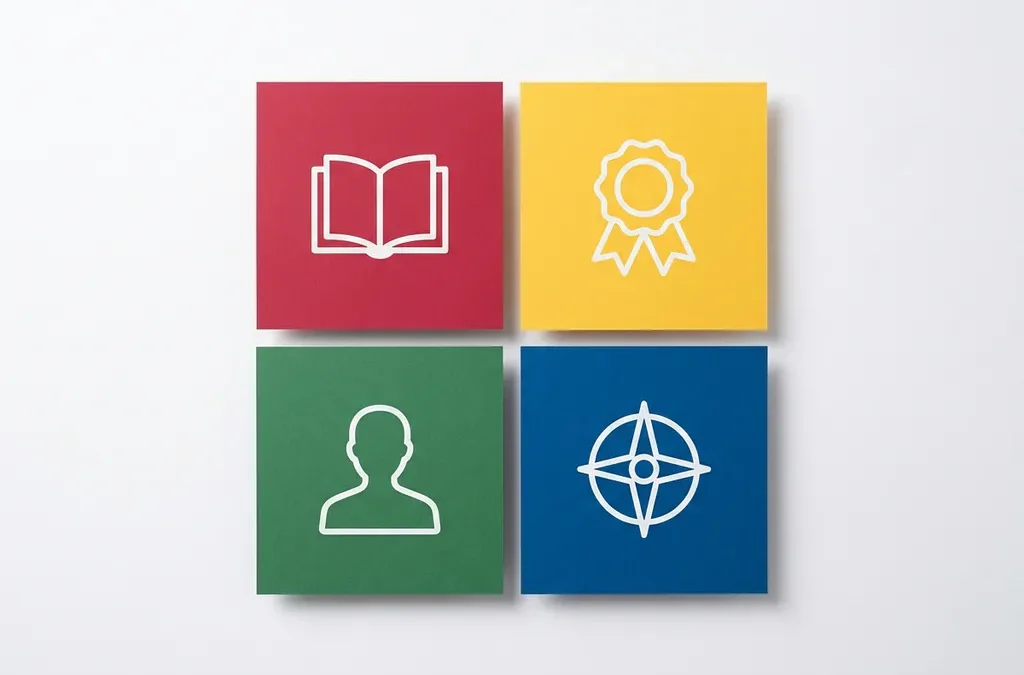 Vier gekleurde kwadranten in rood, geel, groen en blauw met minimale symbolen voor training: boek, certificaat, persoon en kompas.