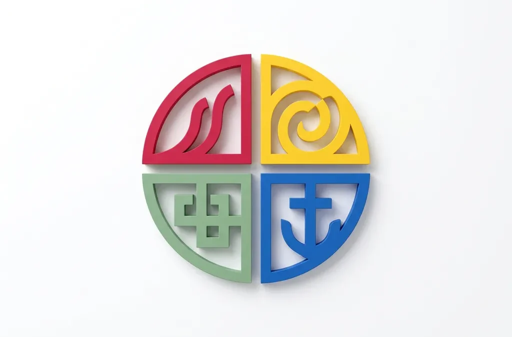 Vier geometrische kwadranten in rood, geel, groen en blauw gerangschikt als cirkel, elk met een abstract symbool voor een menselijk persoonlijkheidstype.