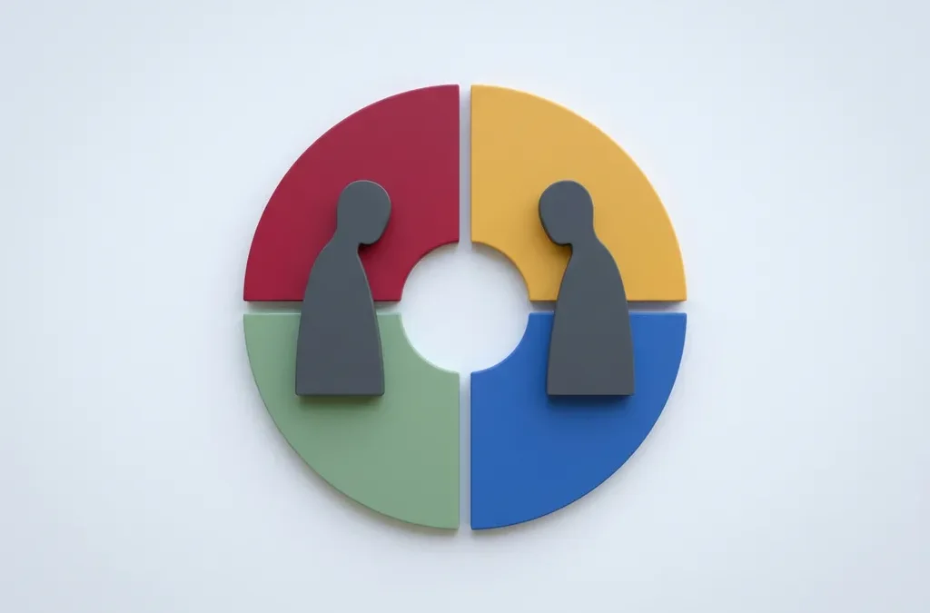 Vier geometrische kwadranten in rood, geel, groen en blauw rond een wit middelpunt, met twee menselijke silhouetten die de DISC-persoonlijkheidsstijlen symboliseren.