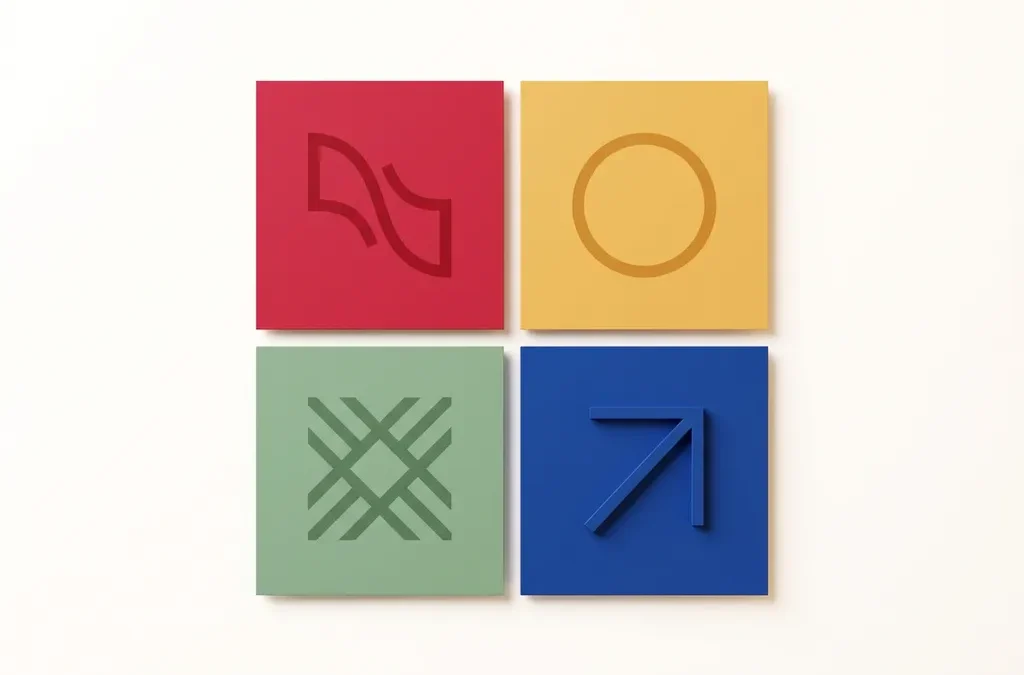Vier geometrische kwadranten in rood, geel, groen en blauw met minimalistische vormen die persoonlijkheidsstijlen symboliseren.