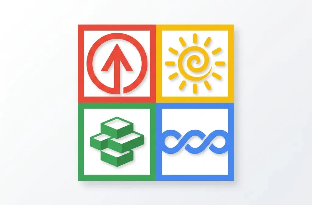 Vier geometrische kwadranten in rood, geel, groen en blauw met minimalistische abstracte vormen die persoonlijkheidstypes symboliseren.