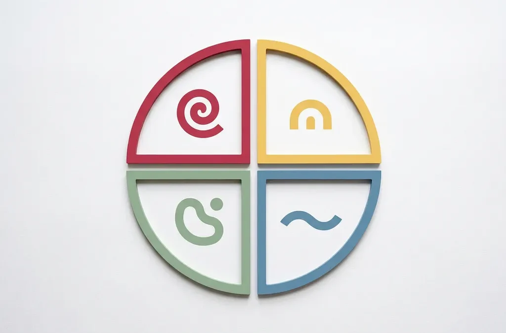 Vier geometrische cirkelsegmenten in rood, geel, groen en blauw met abstracte vormen, bovenaanzicht op witte achtergrond.