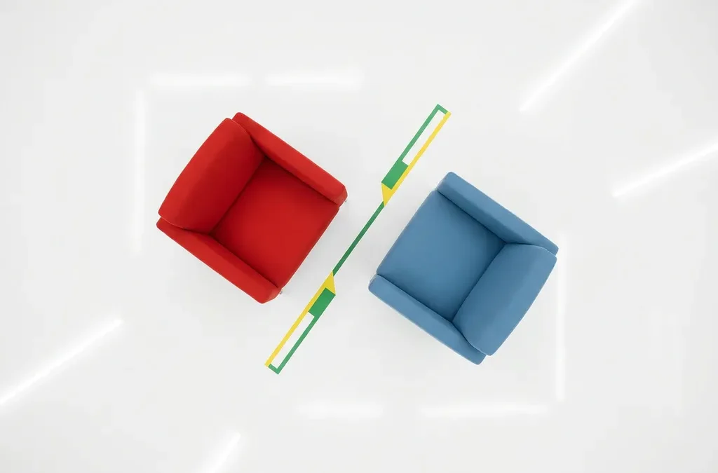 Rode en blauwe minimalistische stoelen tegenover elkaar met geometrische geel-groene lijn ertussen, bovenaanzicht op witte achtergrond.