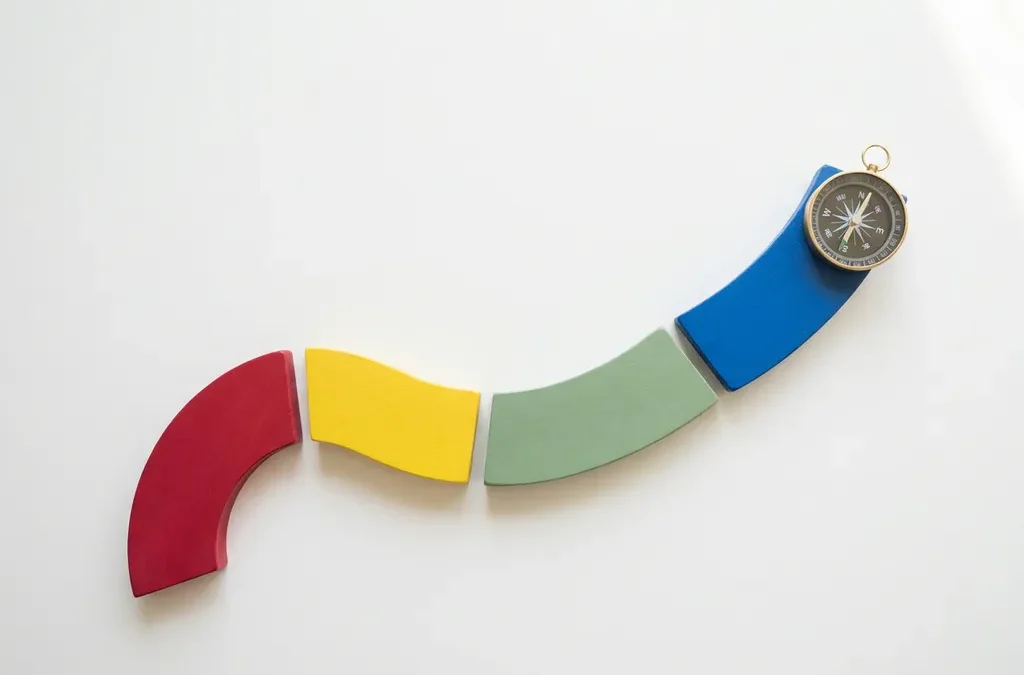 Kleurrijke minimalistische tijdlijn in rood, geel, groen en blauw met een kompas aan het einde, bovenaanzicht op witte achtergrond.