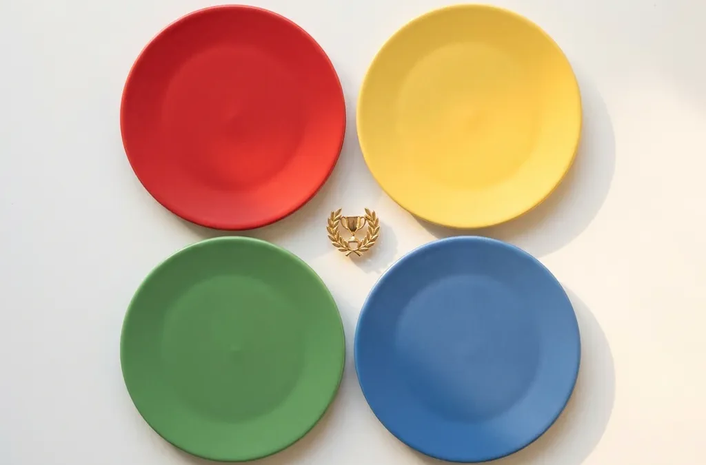 Vier kleurrijke cirkels in rood, geel, groen en blauw in een 2x2 raster met een gouden trofee in het midden.
