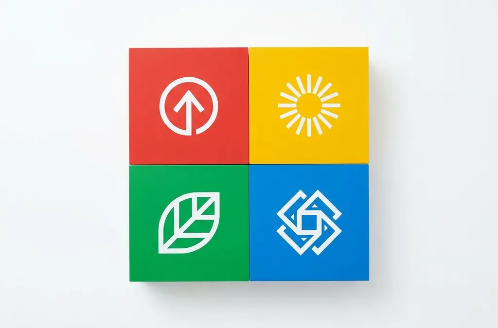 Vier geometrische kwadranten in rood, geel, groen en blauw met abstracte symbolen voor persoonlijkheidstypen, minimalistisch bovenaanzicht.