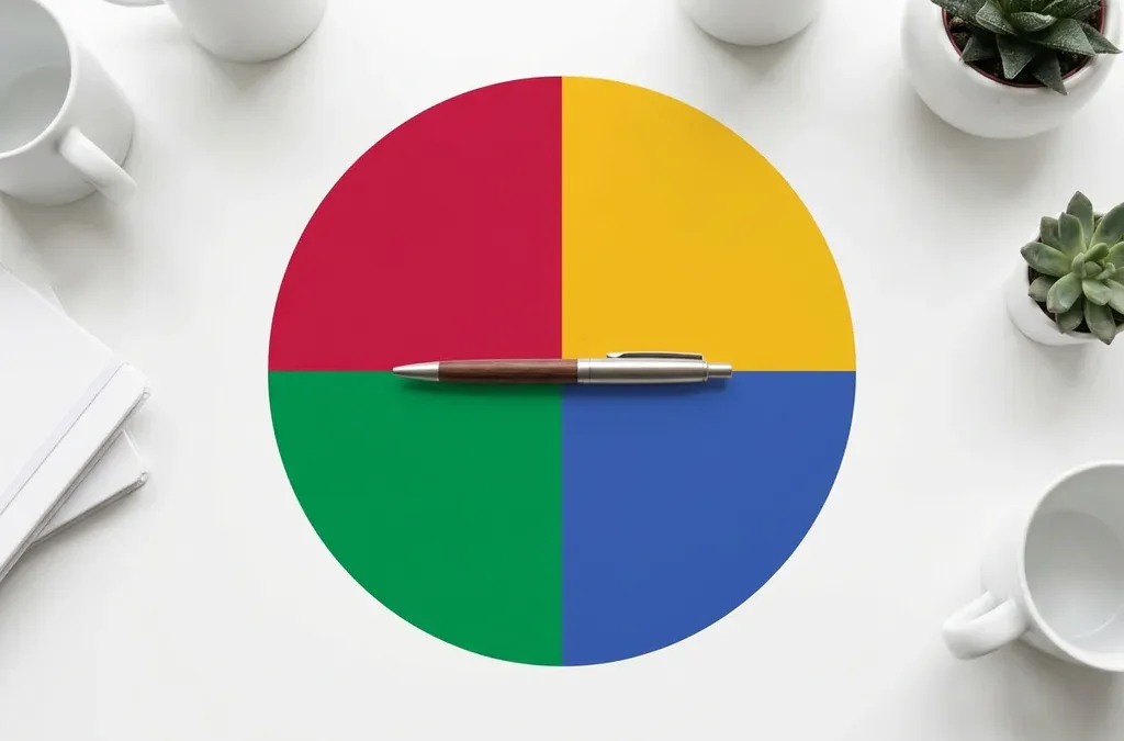 Pen liggend over een minimalistische cirkel verdeeld in rode, gele, groene en blauwe kwarten op wit oppervlak.