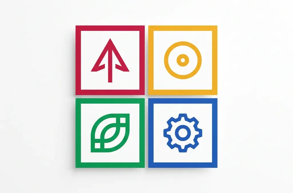 Vier kleurrijke kwadranten in rood, geel, groen en blauw met minimalistische symbolen voor persoonlijkheidskenmerken op wit vlak.