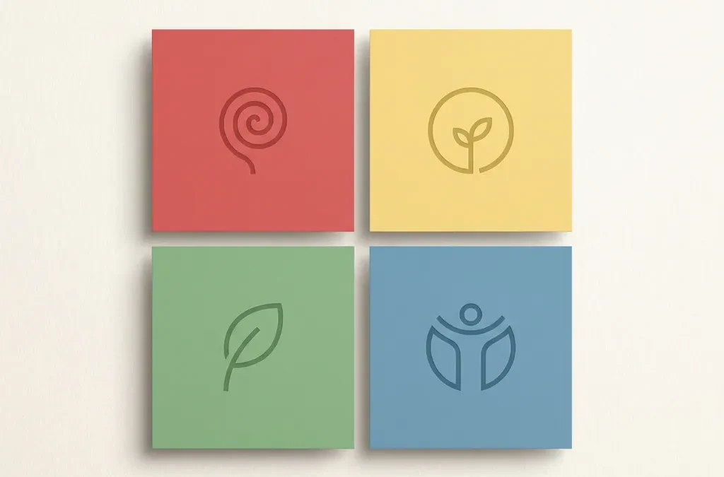 Vier gekleurde kwadranten in rood, geel, groen en blauw met minimalistische abstracte vormen die groei symboliseren.